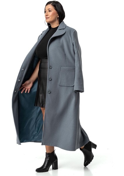 Büyük Beden Ceket Yaka Torba Cepli Astarlı Uzun Mavi Kaşe Kaban indirimleri