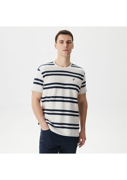 Erkek Beyaz Standart Fit Kısa Kollu Çizgili T-Shirt V45245T.1MA
