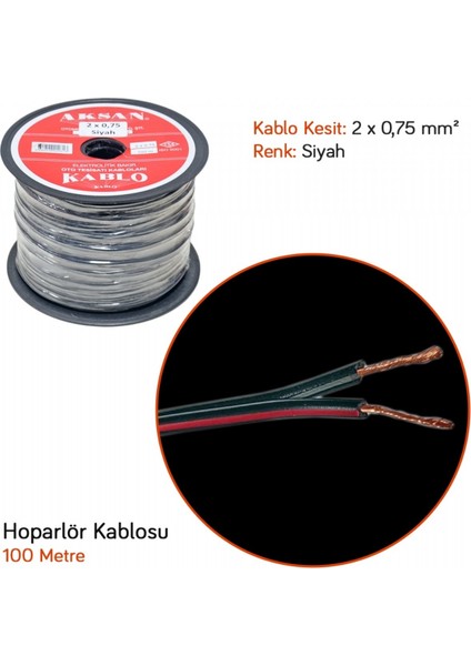 2X0,75 Mm² Hoparlör Kablosu Bitişik Siyah 100 Mt Aksan