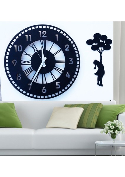 Modern siyah dekoratif duvar saati ve uçan balon tablo seti 45x45
