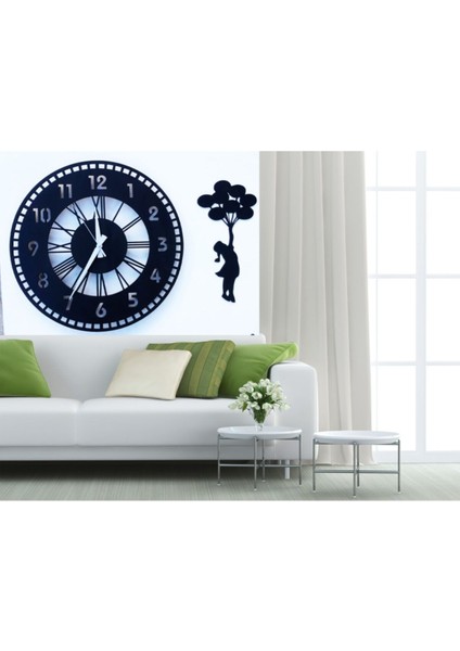 Modern siyah dekoratif duvar saati ve uçan balon tablo seti 45x45