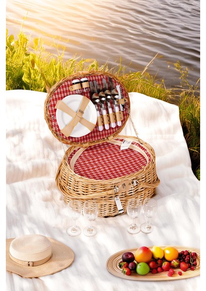 Picno Italy 4 Kişilik Hasır, Kırmızı Astarlı Yuvarlak Cooler, Aksesuar Sepeti İle Taşınabilir Piknik Sepeti