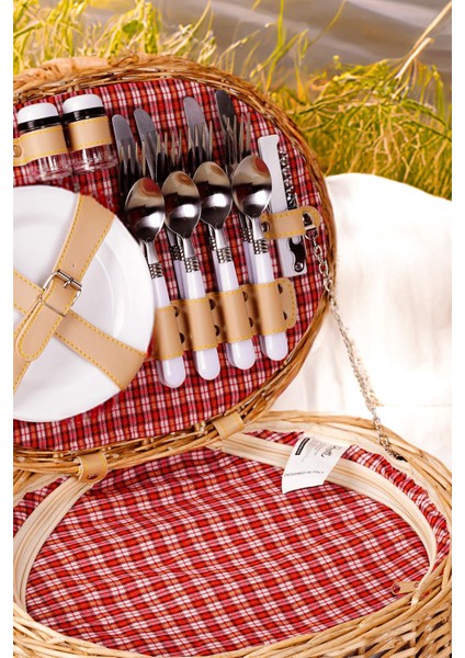 Picno Italy 4 Kişilik Hasır, Kırmızı Astarlı Yuvarlak Cooler, Aksesuar Sepeti İle Taşınabilir Piknik Sepeti fiyatları