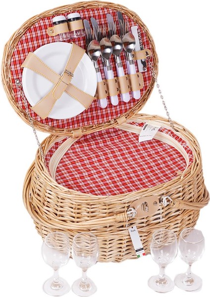 Picno Italy 4 Kişilik Hasır, Kırmızı Astarlı Yuvarlak Cooler, Aksesuar Sepeti İle Taşınabilir Piknik Sepeti indirimleri