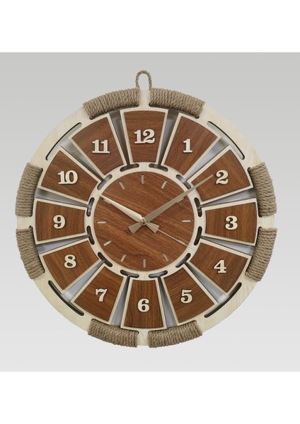 Ahşap ve Hasır Detaylı Modern Krem Duvar Saati, 48x48 cm, Kahverengi
