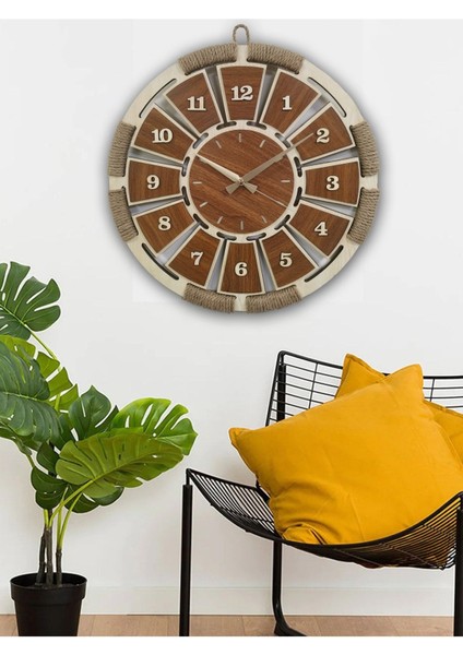 Ahşap ve Hasır Detaylı Modern Krem Duvar Saati, 48x48 cm, Kahverengi modelleri