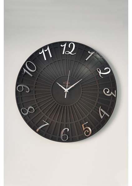 Gümüş ve siyah renkli, 50cm doğa temalı şık duvar saati, sessiz mekanizma modelleri