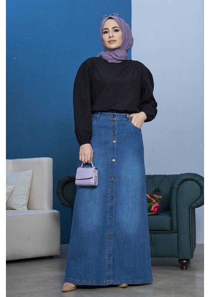 2079-DENIM Düğmeli Etek Koyu Mavi