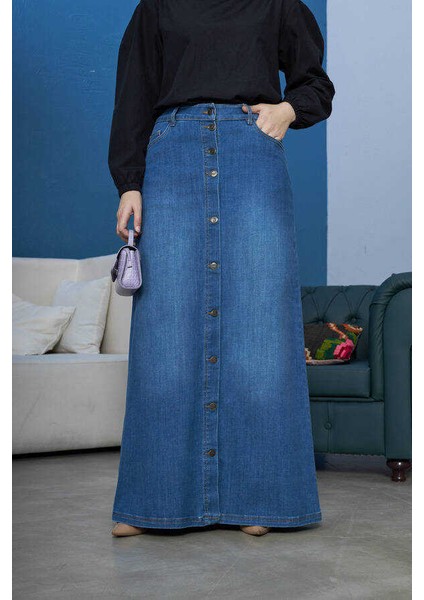 2079-DENIM Düğmeli Etek Koyu Mavi