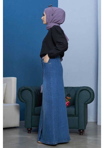 2079-DENIM Düğmeli Etek Koyu Mavi