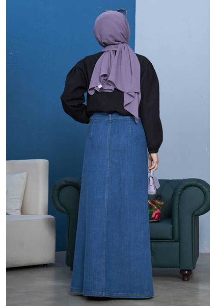 2079-DENIM Düğmeli Etek Koyu Mavi