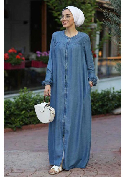 6470-DENIM Fermuarlı Ferace Koyu Mavi