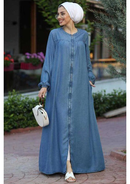 6470-DENIM Fermuarlı Ferace Koyu Mavi modelleri