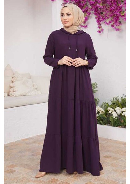 6531-KREP Kapşonlu Reglan Kollu Elbise Mürdüm