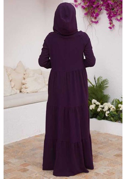 6531-KREP Kapşonlu Reglan Kollu Elbise Mürdüm