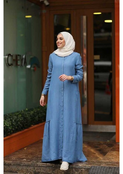 6425-DENIM Büzgülü Katlı Elbise Mavi fırsatları