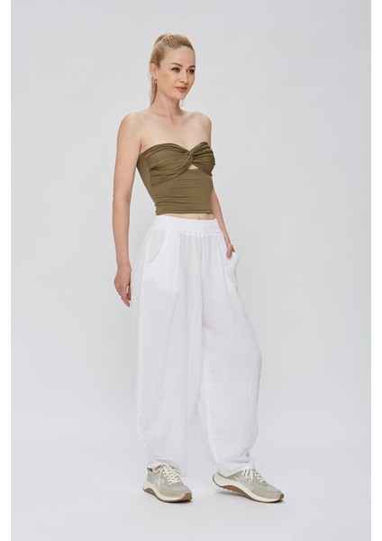 Kadın Ultra Soft Kumaş Straplez Crop Bluz