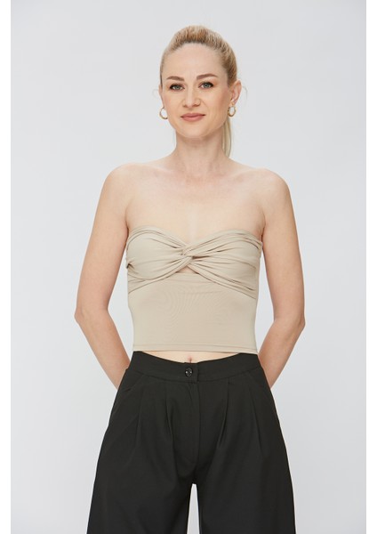Kadın Ultra Soft Kumaş Straplez Crop Bluz
