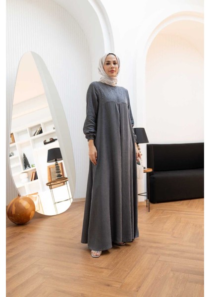 6482-TAŞLI Tensel Elbise Gri