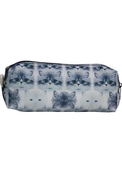 Gri Kedi Desenli Tatlı Kalemlik - Okul Kalemliği-Makyaj Çantası
