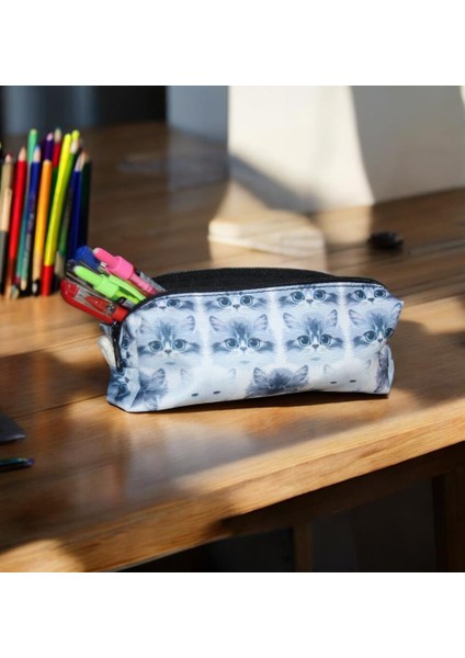 Gri Kedi Desenli Tatlı Kalemlik - Okul Kalemliği-Makyaj Çantası modelleri