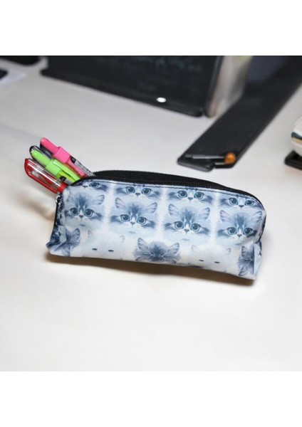 Gri Kedi Desenli Tatlı Kalemlik - Okul Kalemliği-Makyaj Çantası indirimleri