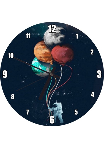 Uzay Temalı Yuvarlak Balon Duvar Saati 30x30 cm, Beyaz Renk