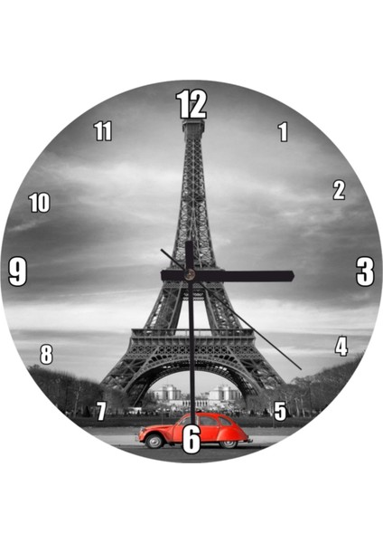 Siyah Beyaz ve Kırmızı Temalı Yuvarlak Duvar Saati 30x30 cm