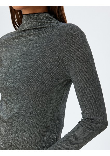 Metalik Tişört Dik Yaka Uzun Kollu Slim Fit indirimleri