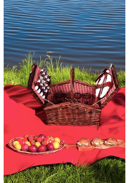 Picno Italy 4 Kişilik Koyu Kahve Hasır, Aksesuar Sepeti İle Taşınabilir Piknik Sepeti