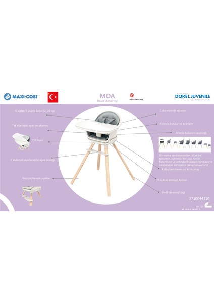 Moa 4’i Bir Arada Çok Fonksiyonlu Mama Sandalyesi Yükseltici Tabure Yazı Masası Beyond White Eco