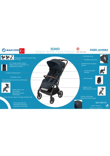 Soho Kompakt Seyahat Sistem Olabilen Otomatik Katlanan Bebek Arabası Essential Green