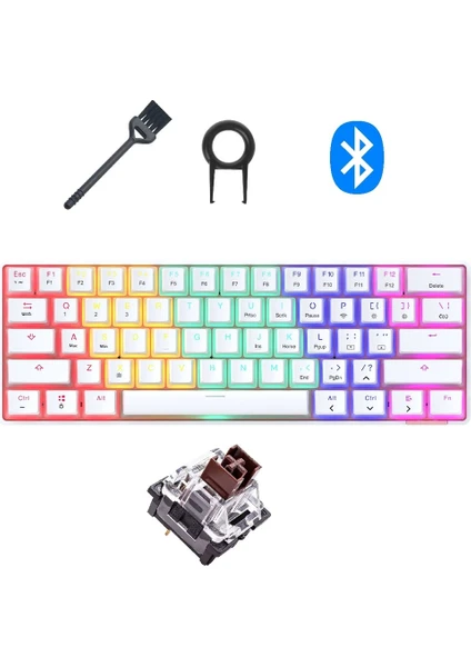 Ata Soft STK61 Beyaz Rgb Ledli Tam Mekanik Kahverengi Switch Gaming Bluetooth Kablosuz Oyuncu Klavyesi