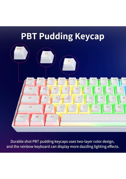 Ata Soft STK61 Beyaz Rgb Ledli Tam Mekanik Kahverengi Switch Gaming Bluetooth Kablosuz Oyuncu Klavyesi