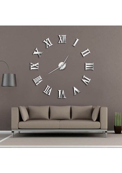 Modern 3D Ayna Roma Rakamlı Gümüş Renk Duvar Saati, 110x110 cm