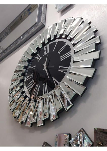 Modern siyah ve gümüş dekoratif aynalı duvar saati, şık tasarım, 85 cm