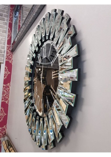 Modern siyah ve gümüş dekoratif aynalı duvar saati, şık tasarım, 85 cm