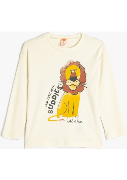 T-Shirt Uzun Kollu Bisiklet Yaka Kaplan Baskı Detaylı