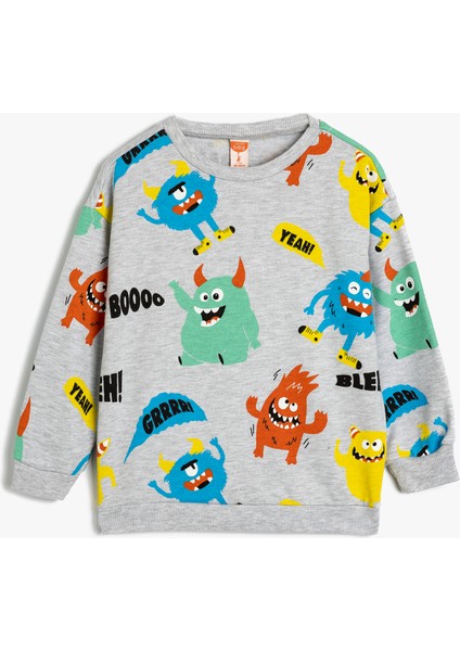 Sweatshirt Canavar Baskılı Uzun Kollu Şardonlu