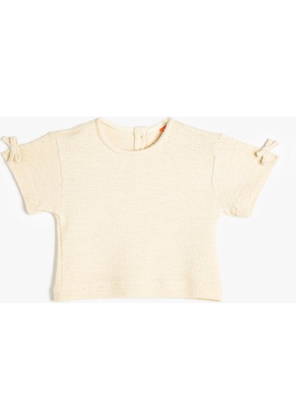 Tüvit Crop T-Shirt Kısa Kollu Fiyonk Detaylı Bisiklet Yaka Pamuklu