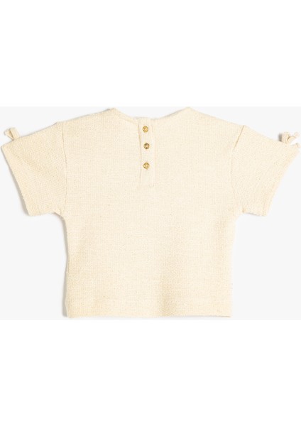 Tüvit Crop T-Shirt Kısa Kollu Fiyonk Detaylı Bisiklet Yaka Pamuklu