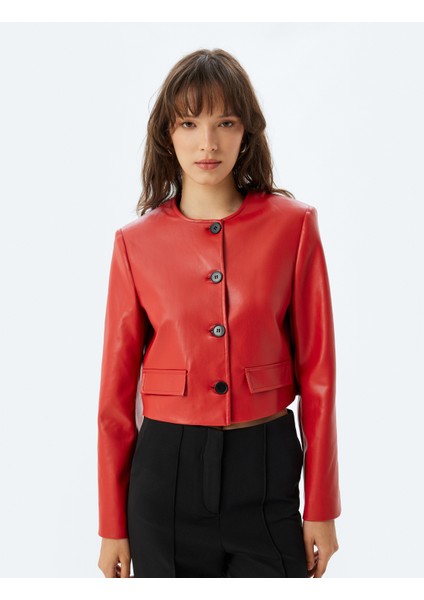 Suni Deri Blazer Ceket Crop Yuvarlak Yaka Düğmeli modelleri