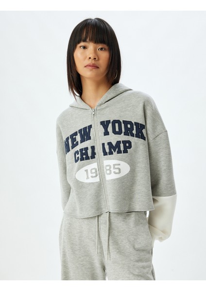 Crop Sweatshirt Kapüşonlu Fermuarlı Kolej Işlemeli Cep Detaylı modelleri