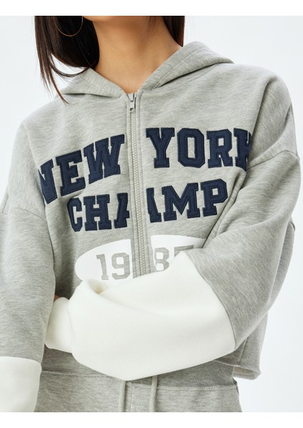 Crop Sweatshirt Kapüşonlu Fermuarlı Kolej Işlemeli Cep Detaylı indirimleri