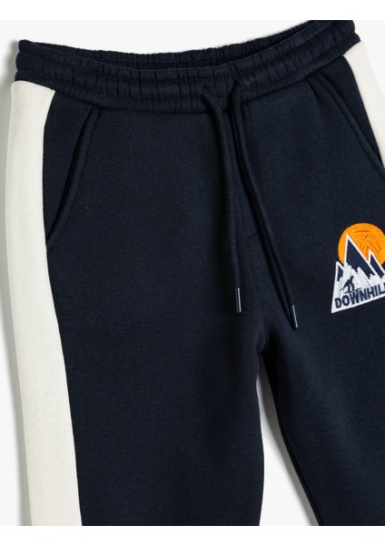 Jogger Eşofman Altı Beli Bağlamalı Cepli Renk Bloklu Aplikeli