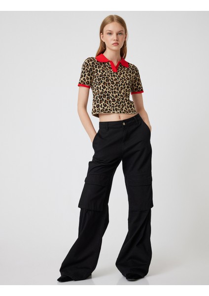 Polo Yaka Kazak Leopar Desenli Biyeli Kısa Kollu