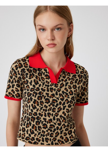 Polo Yaka Kazak Leopar Desenli Biyeli Kısa Kollu fiyatları