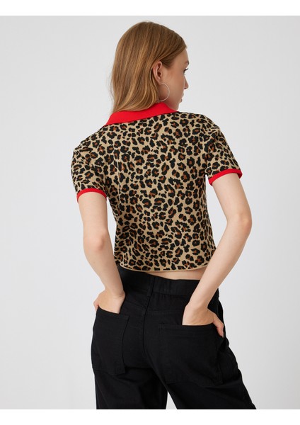 Polo Yaka Kazak Leopar Desenli Biyeli Kısa Kollu fırsatları