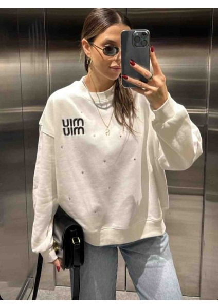 Nakışlı Taş Işlemeli Oversize Sweatshirt