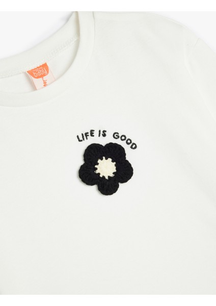 T-Shirt Uzun Kollu Çiçek Baskılı Bisiklet Yaka Pamuklu